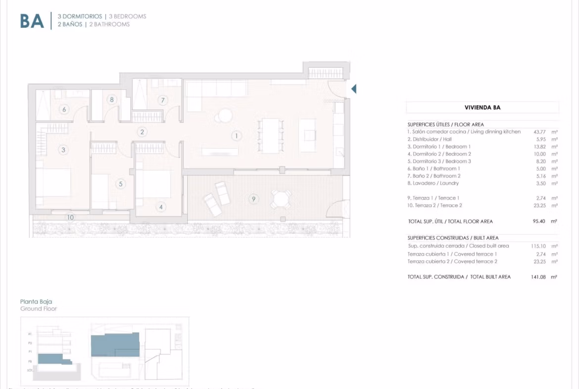 Floor plan showing spacious 3 bedroom ground floor apartment layout with living, kitchen, bathrooms, and terraces in Benijofar.