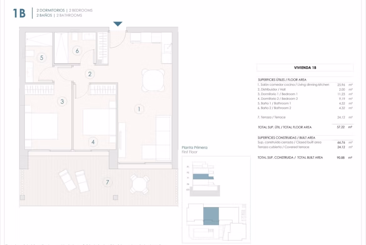 Floor plan of a two-bedroom apartment with terrace in new build Benijofar apartments, Costa Blanca.