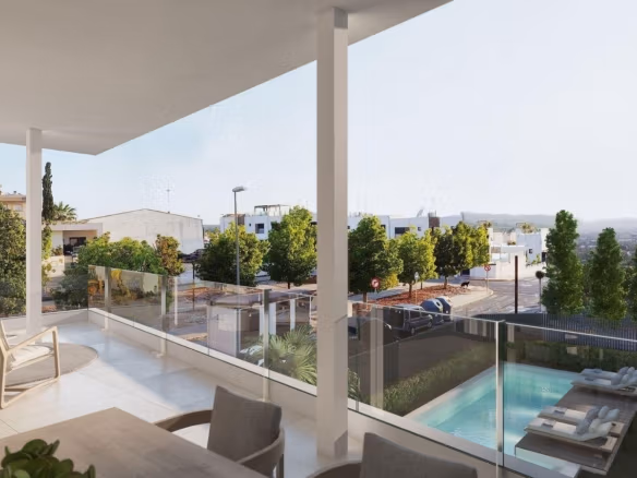 großzügige Terrasse overlooking private Pool and Benijofar neighborhood for modern 3-bedroom Apartment Neubau.