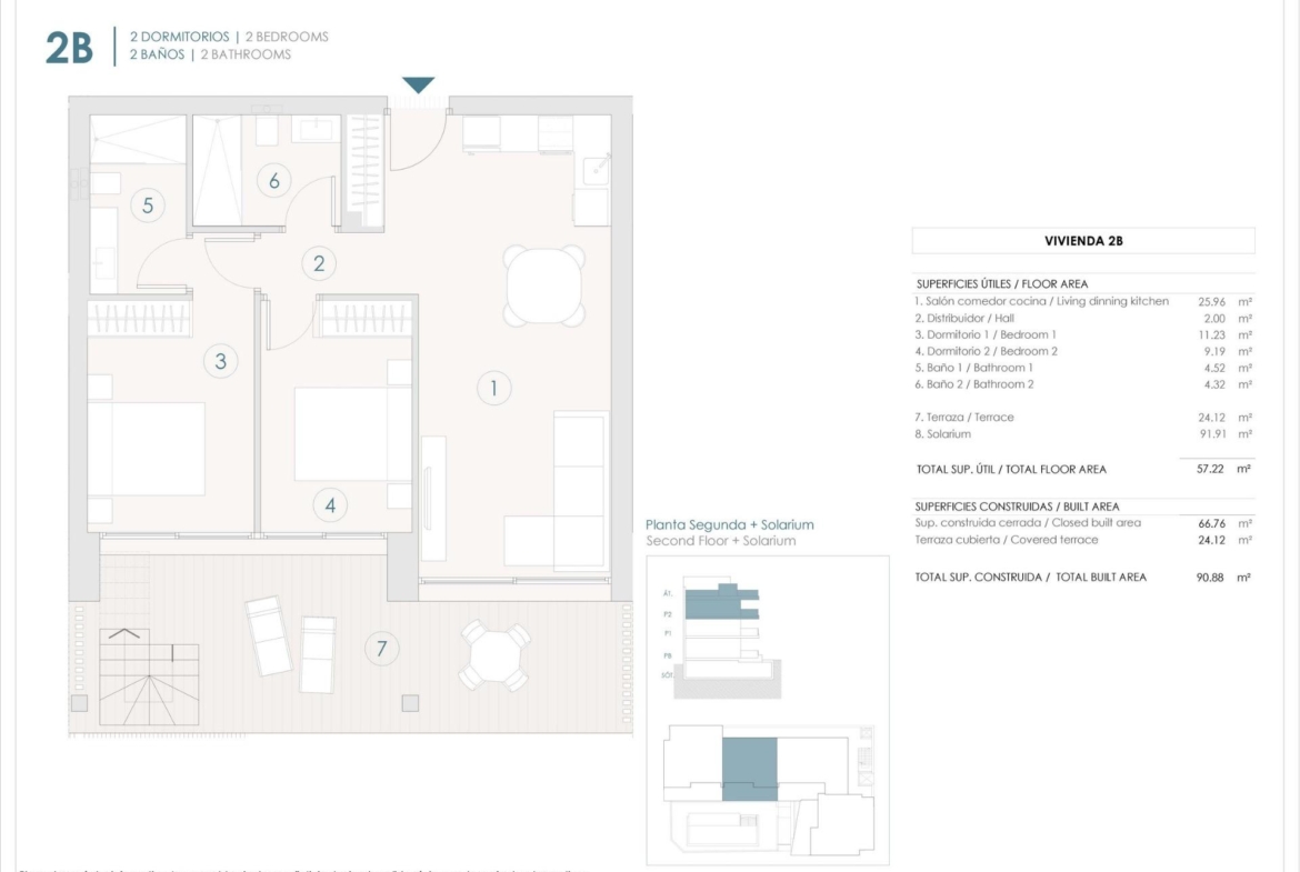 Layout of a 2-bedroom penthouse with solarium terrace in Benijofar, showing rooms and outdoor seating area.