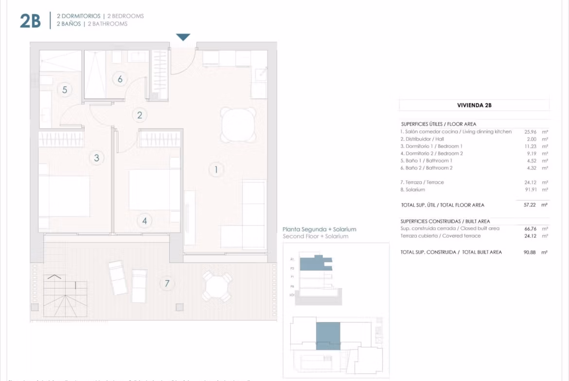 New-Build-Apartments-in-Benijofar-with-a-central-location-6 Layout of a 2-bedroom penthouse with solarium terrace in Benijofar, showing rooms and outdoor seating area.