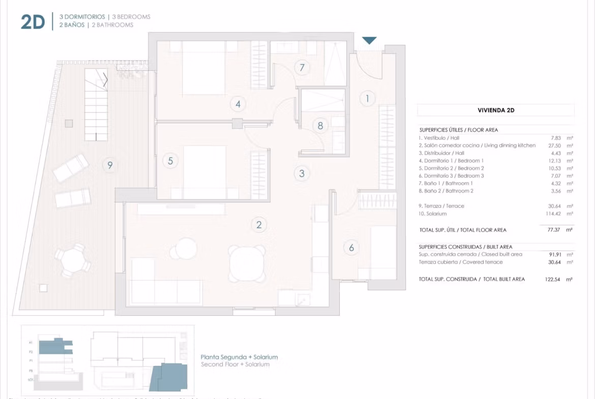 Floor plan of a new build 3 bedroom penthouse with terrace and solarium in Benijofar showing layout and room sizes.