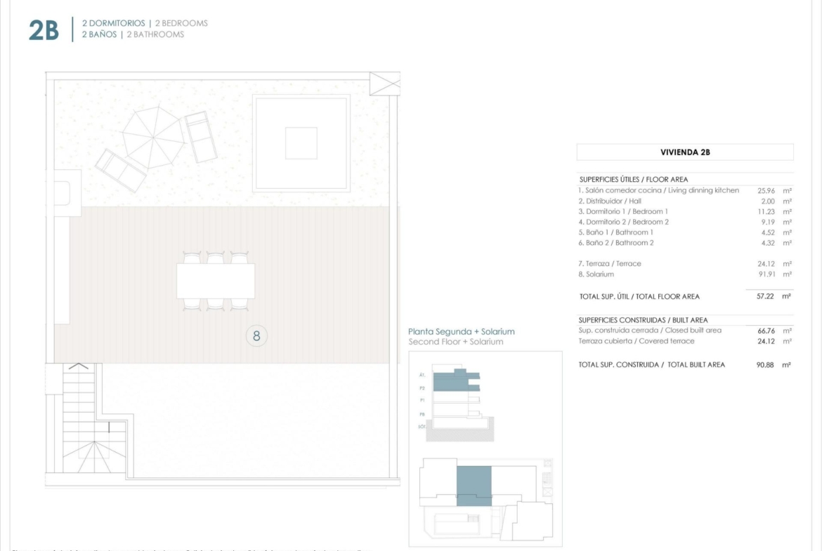 Penthouse solarium floor plan with outdoor dining area and jacuzzi for a new 2-bedroom property in Benijofar