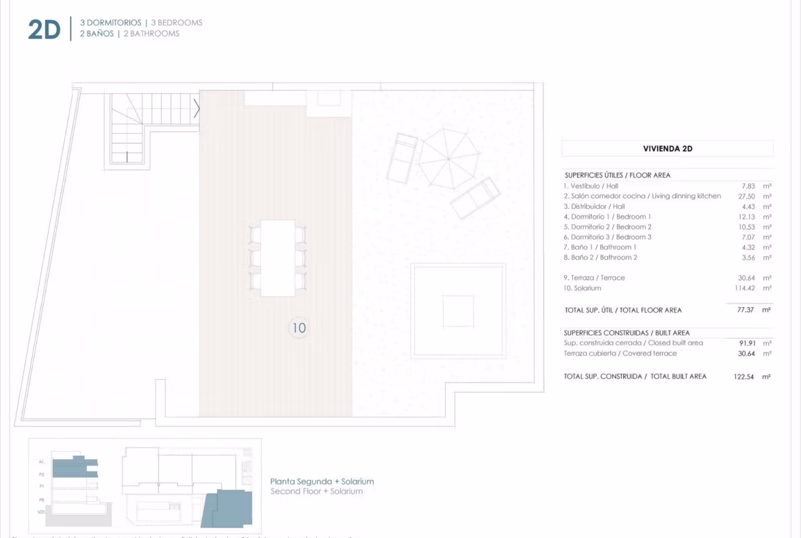 Terrace layout with dining area and solarium in a new 3-bedroom penthouse for sale in Benijofar