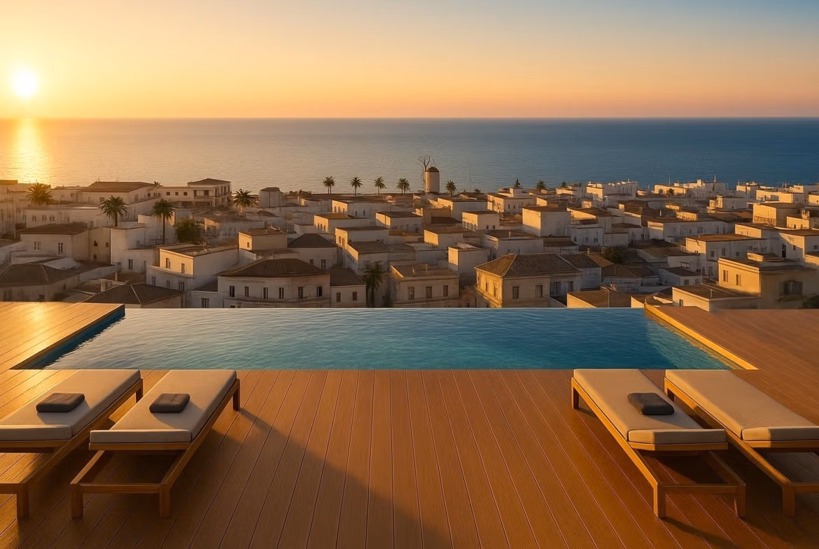 Infinity pool and sun loungers overlooking sea and rooftops at a new tourist apartment in Lo Pagán near the beach