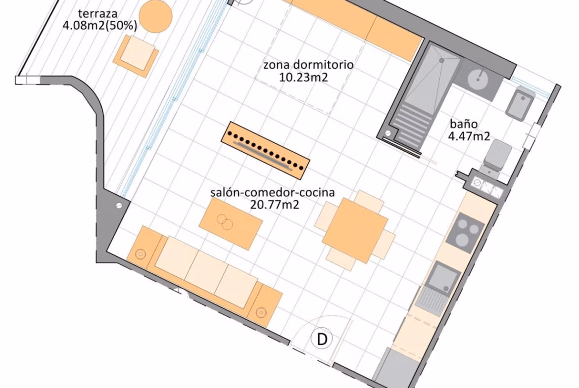 Floor plan of a new build tourist apartment in Lo Pagán showing open living area, bedroom, bathroom, kitchen, and terrace.