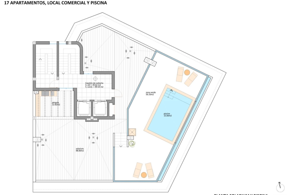 Solarium with pool and seating area in a turnkey new build tourist apartment near the beach in Lo Pagán.