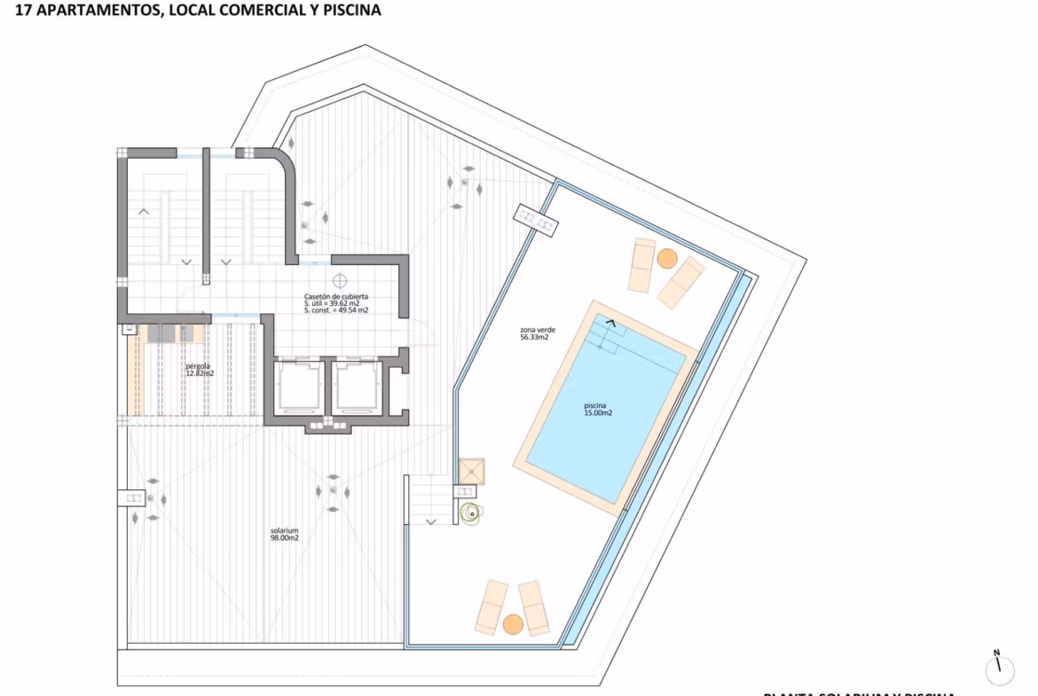 Solarium with pool and seating area in a turnkey new build tourist apartment near the beach in Lo Pagán.