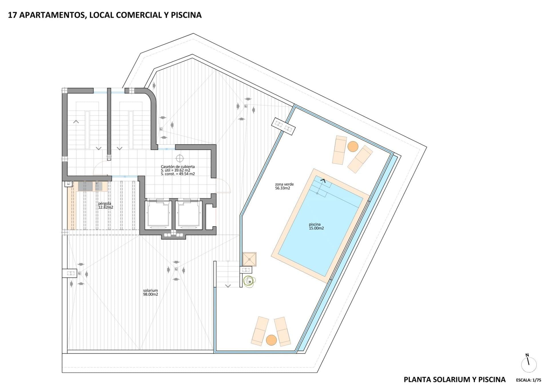 Solarium with pool and seating area in a turnkey new build tourist apartment near the beach in Lo Pagán.
