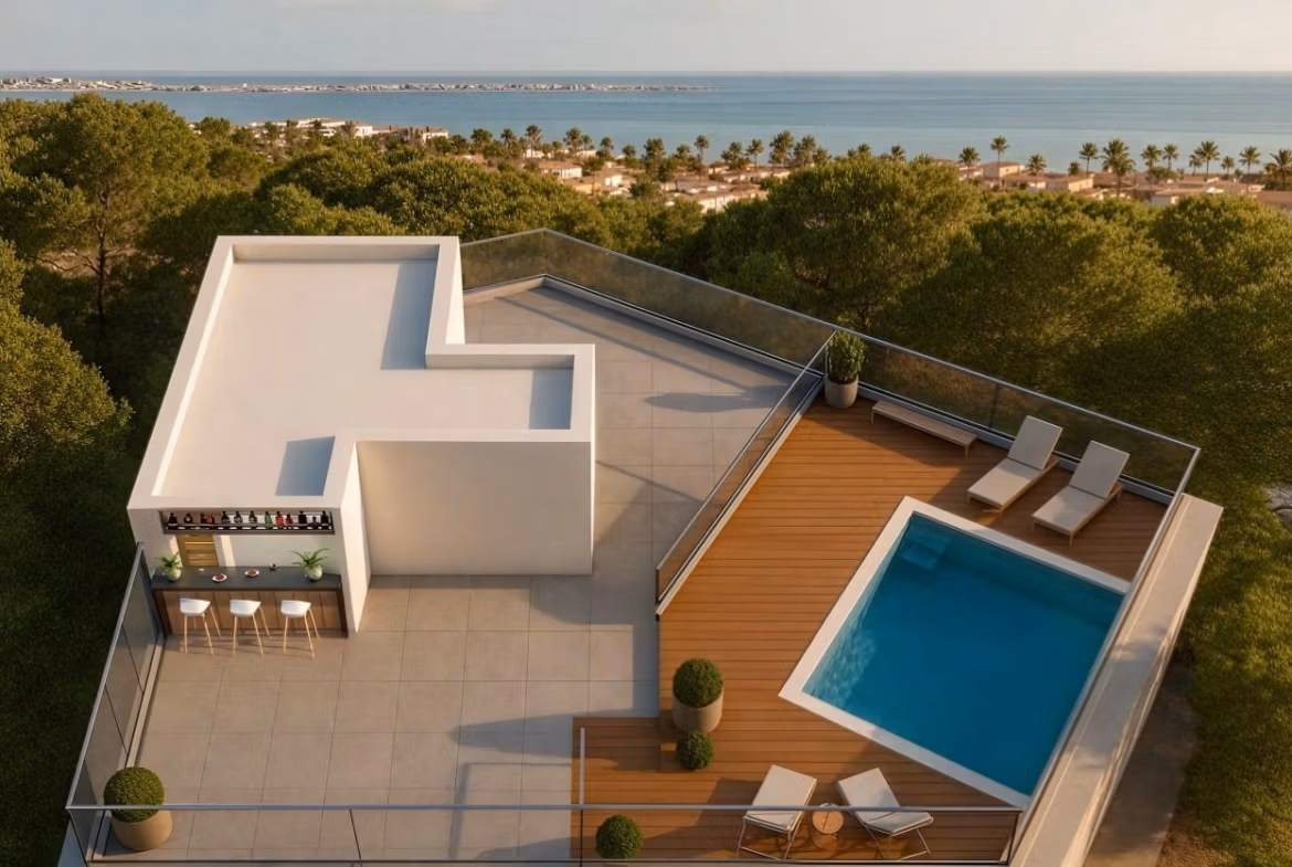 Rooftop terrace with swimming pool, sun loungers, bar area in turnkey new build tourist apartment 700m from Lo Pagán beach.