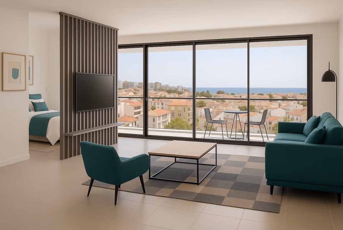Living area with sea view, modern furniture, and bedroom in a new tourist apartment for sale in Lo Pagán.