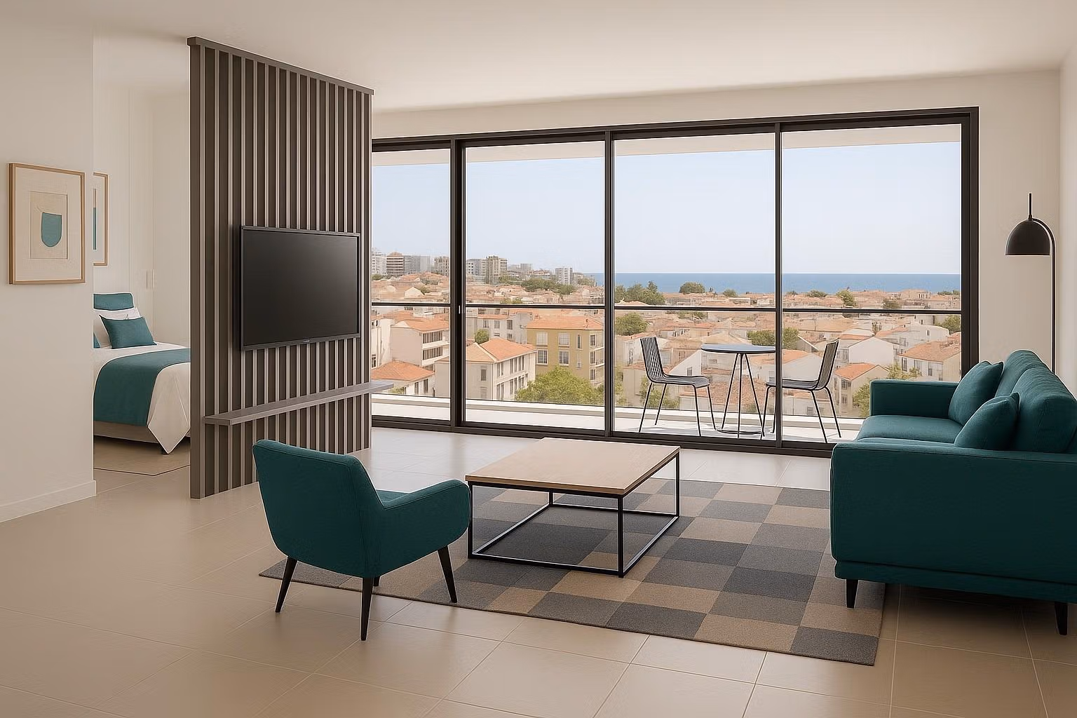 Living area with sea view, modern furniture, and bedroom in a new tourist apartment for sale in Lo Pagán.
