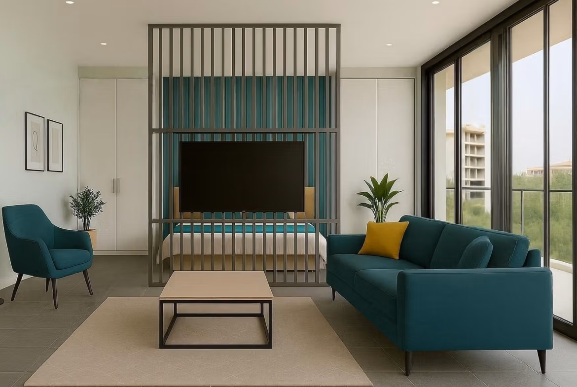 Modern living area with teal sofa and armchair, divider with TV, in a turnkey new build tourist apartment in Lo Pagán