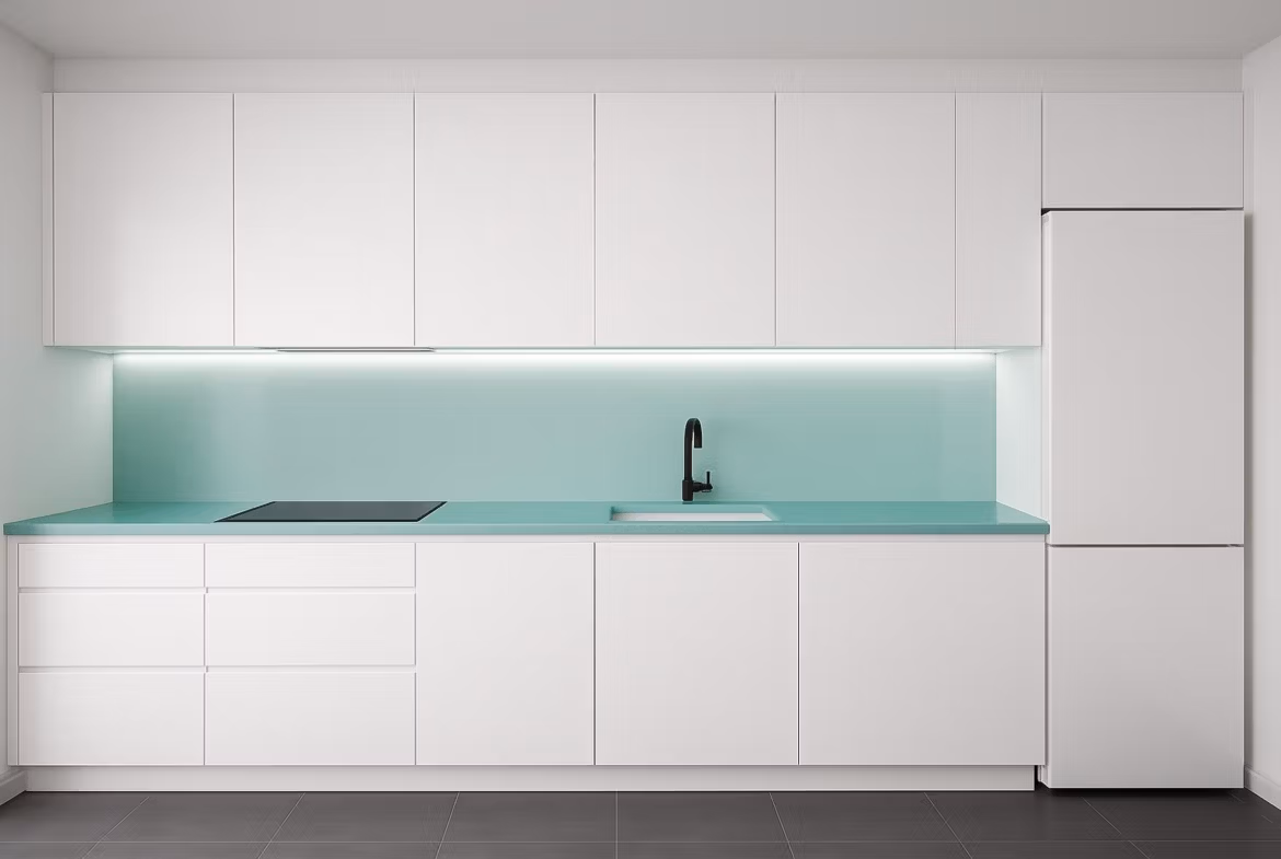 Modern white kitchen with turquoise backsplash in turnkey new build tourist apartment for sale 700m from the beach in Lo Pagán