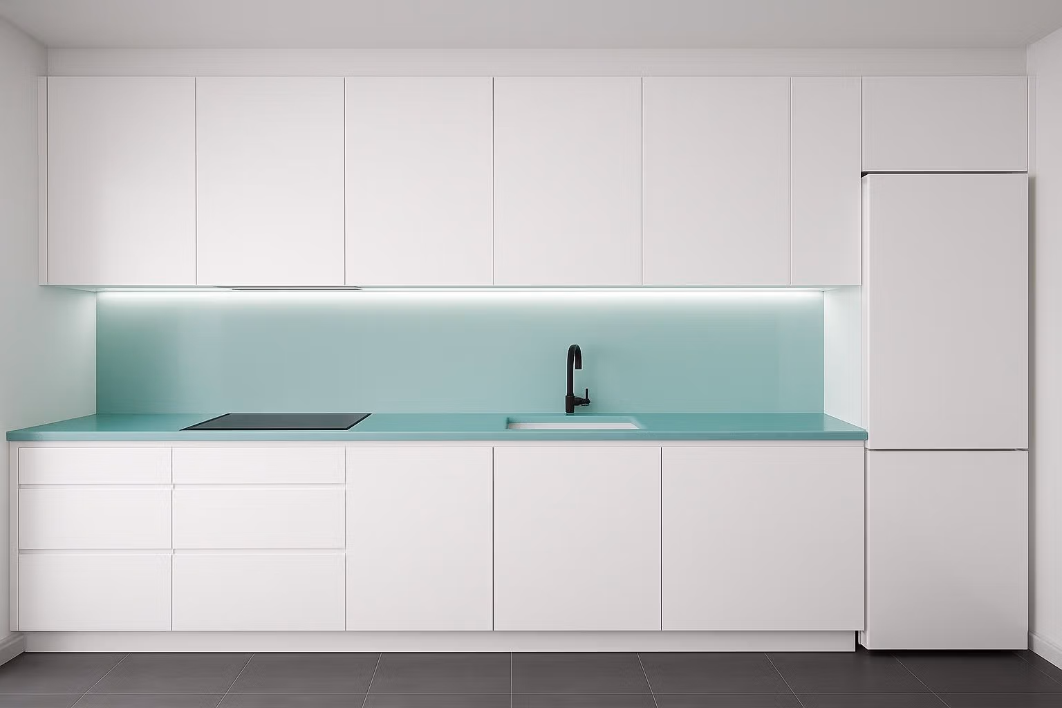 Modern white kitchen with turquoise backsplash in turnkey new build tourist apartment for sale 700m from the beach in Lo Pagán
