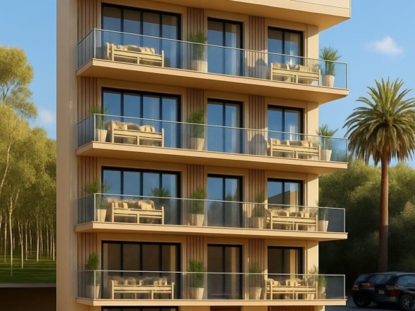 Modern four-story tourist apartment building with balconies in Lo Pagán near the beach surrounded by palm trees and parking.