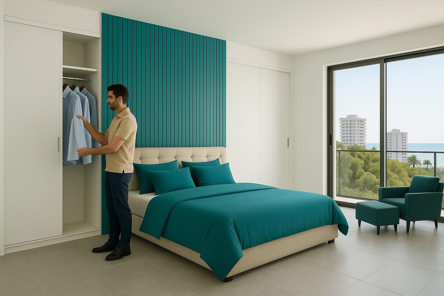 Bedroom with built-in closet and city view from balcony in a turnkey new build tourist apartment in Lo Pagán