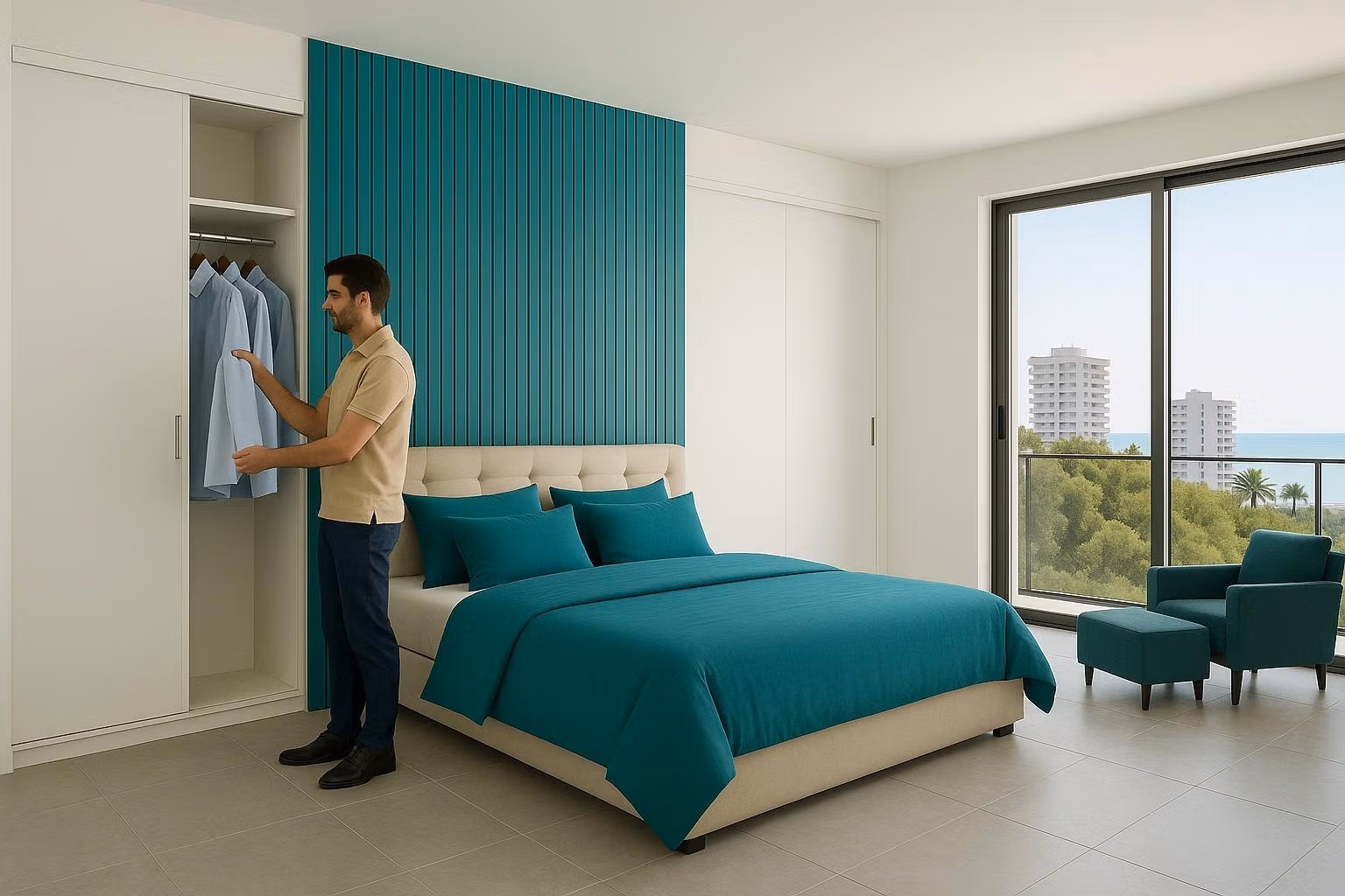 Bedroom with built-in closet and city view from balcony in a turnkey new build tourist apartment in Lo Pagán