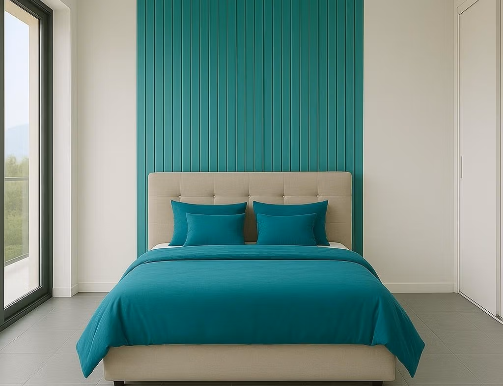 Bedroom with teal accent wall and large window in turnkey new build tourist apartment in Lo Pagán near the beach