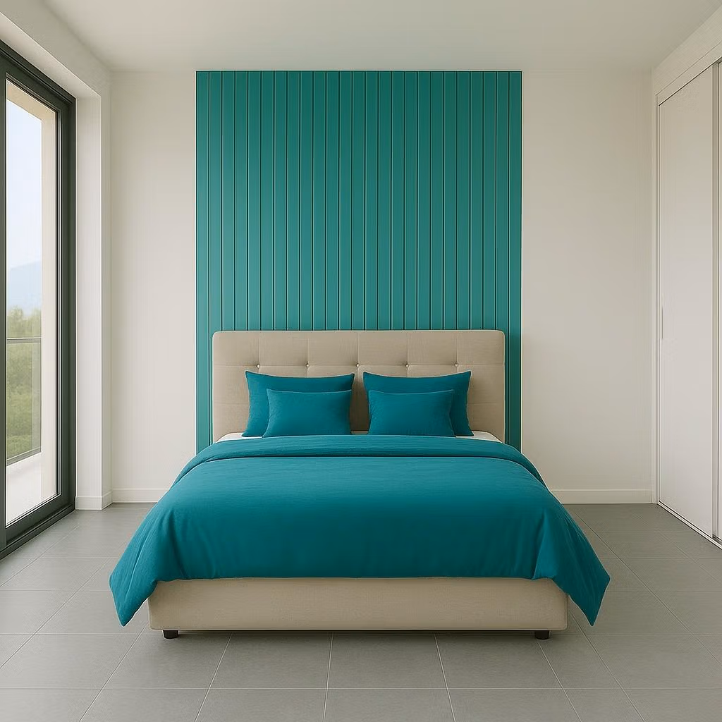 Bedroom with teal accent wall and large window in turnkey new build tourist apartment in Lo Pagán near the beach