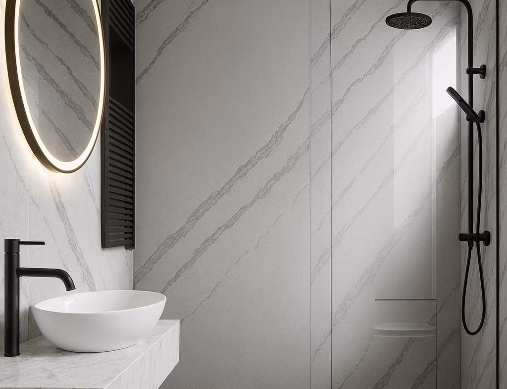 Modern bathroom with walk-in shower and illuminated mirror in turnkey new build tourist apartment in Lo Pagán.