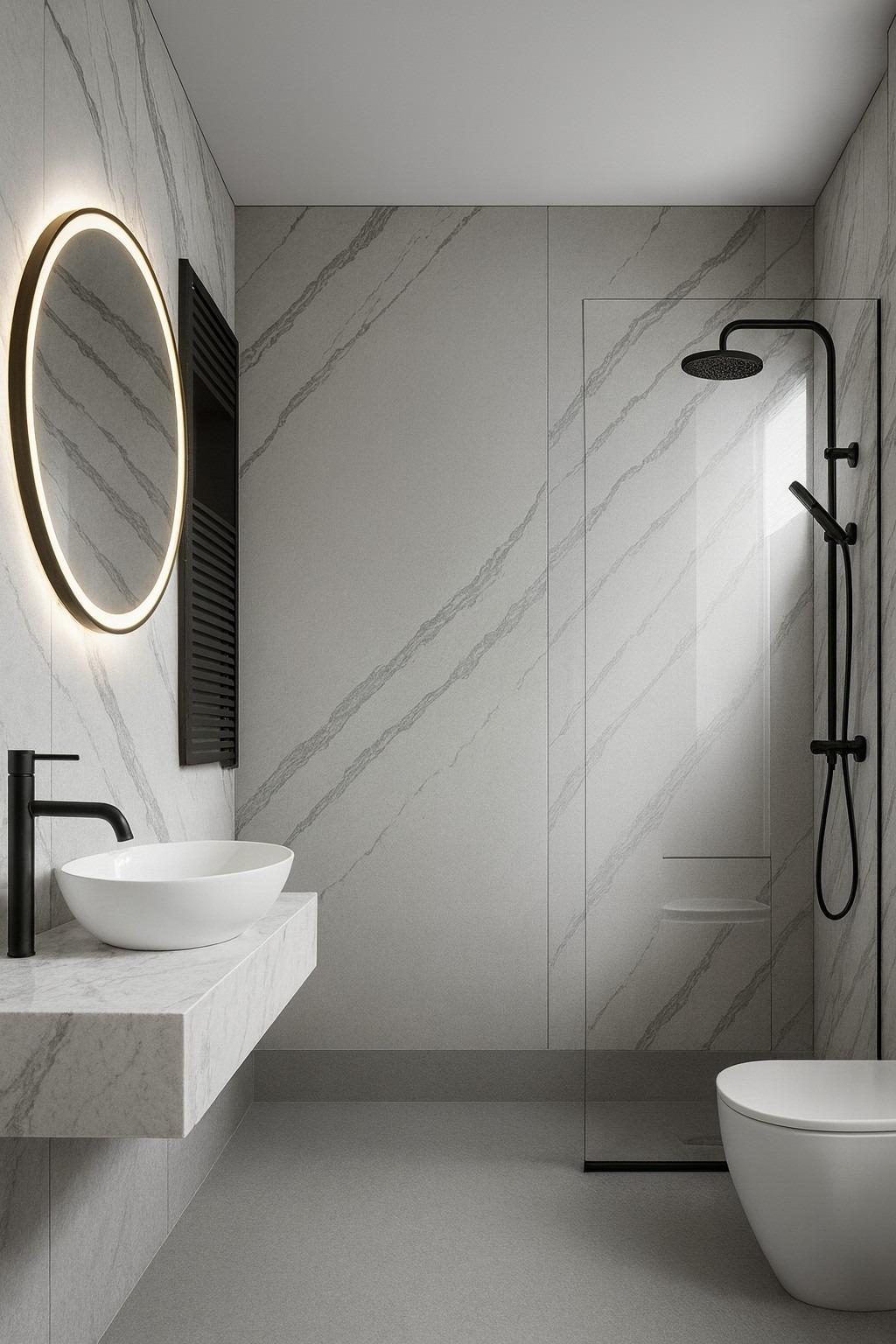 Modern bathroom with walk-in shower and illuminated mirror in turnkey new build tourist apartment in Lo Pagán.