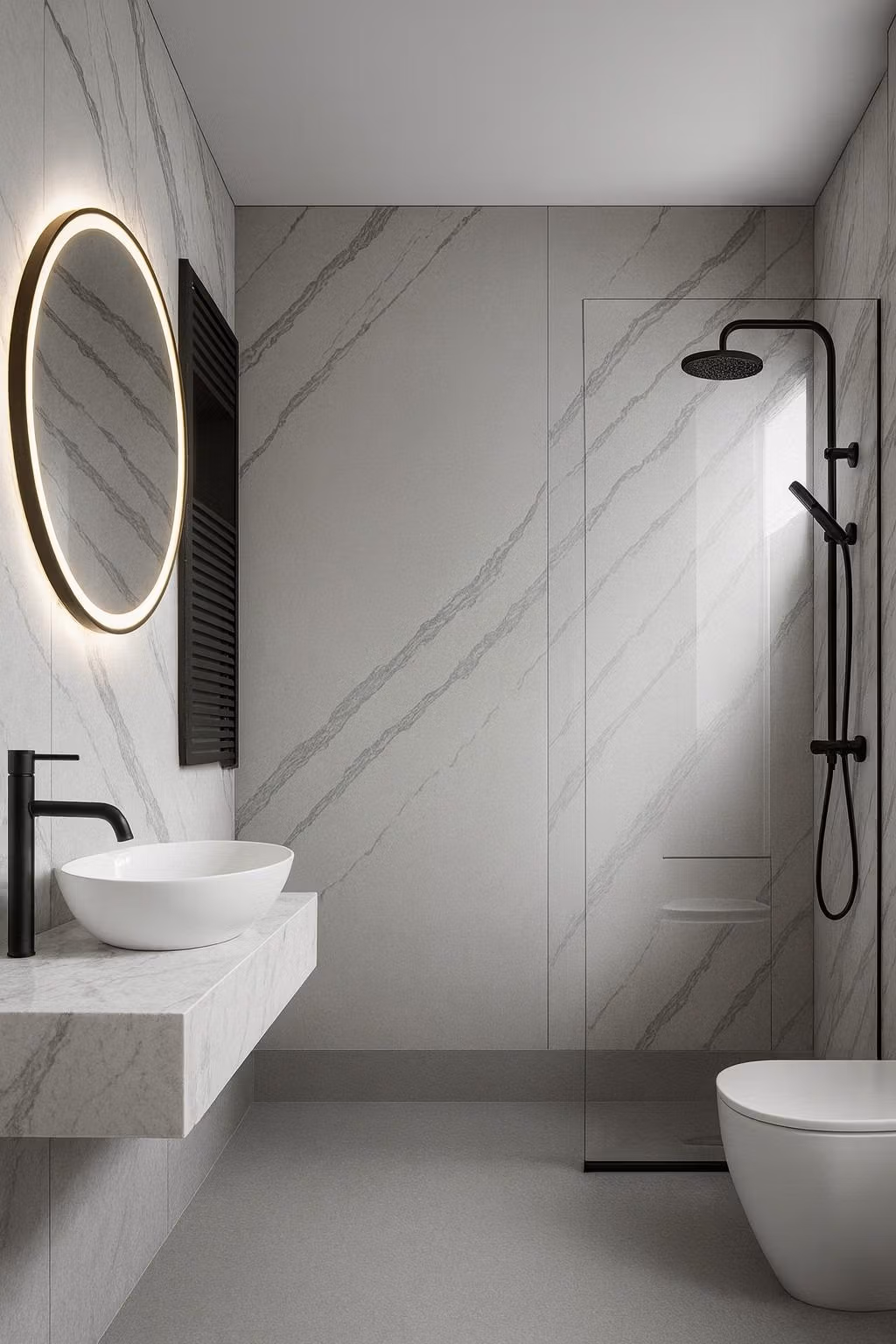 Modern bathroom with walk-in shower and illuminated mirror in turnkey new build tourist apartment in Lo Pagán.