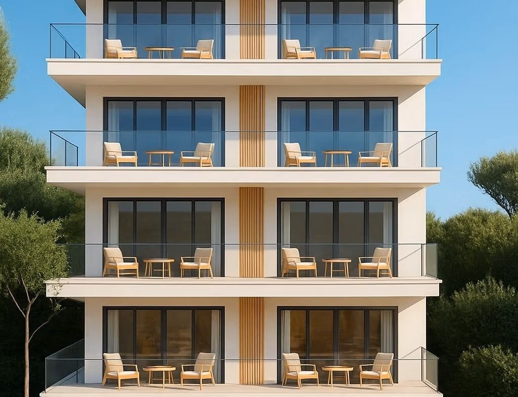 Modern new build tourist apartment building with balconies surrounded by greenery, located 700m from the beach in Lo Pagán.