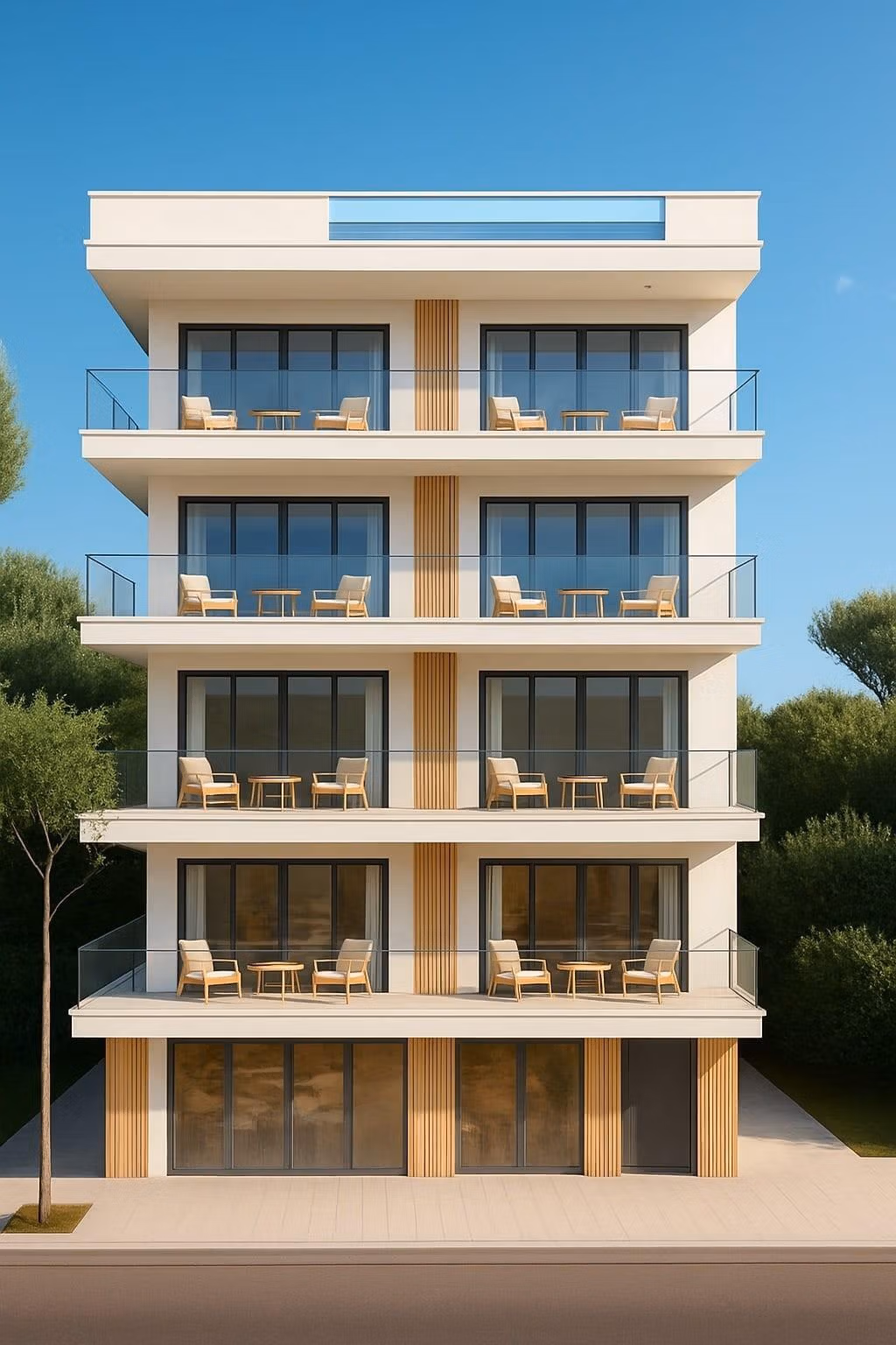 Modern new build tourist apartment building with balconies surrounded by greenery, located 700m from the beach in Lo Pagán.