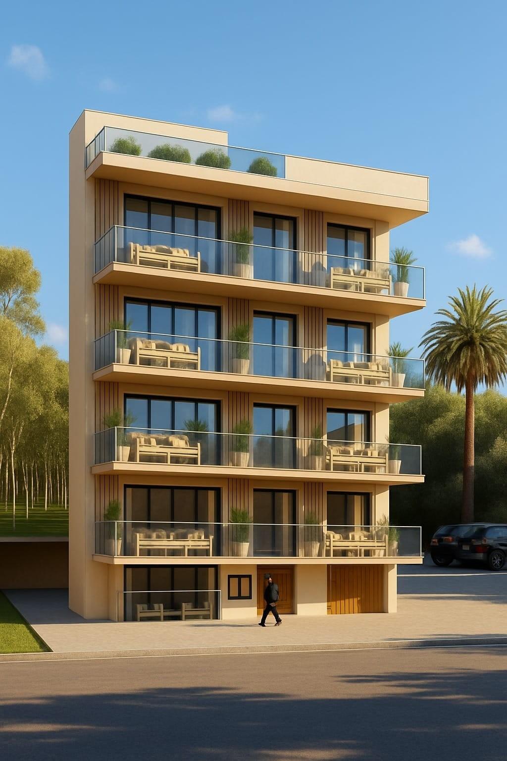 Modern four-story tourist apartment building with balconies in Lo Pagán near the beach surrounded by palm trees and parking.