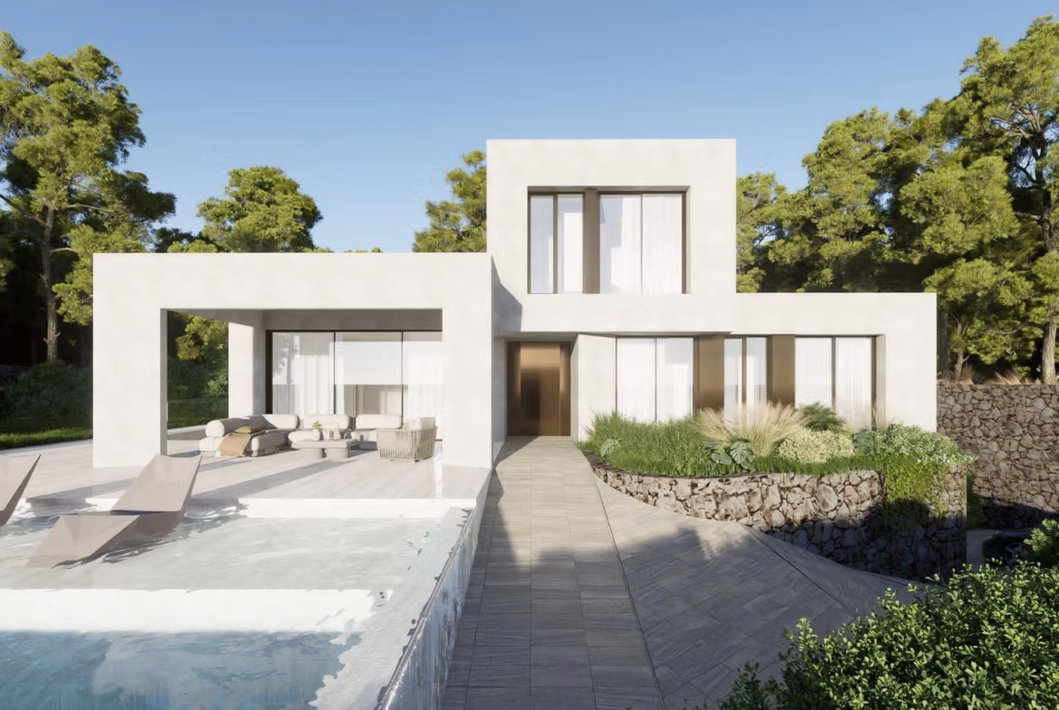 Modern luxury villa exterior with private pool and outdoor seating area in Las Colinas Golf Resort.