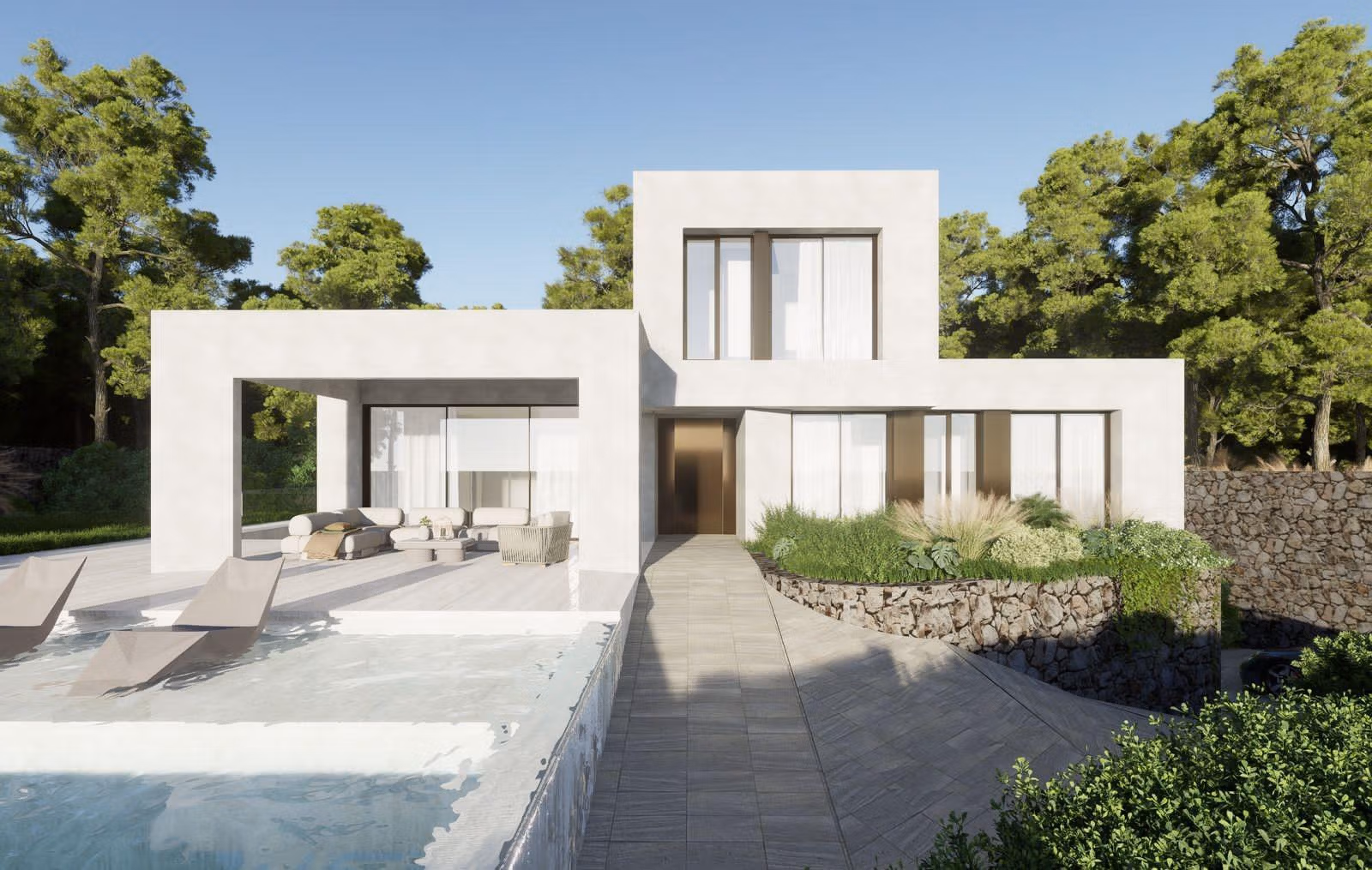 Modern luxury villa exterior with private pool and outdoor seating area in Las Colinas Golf Resort.