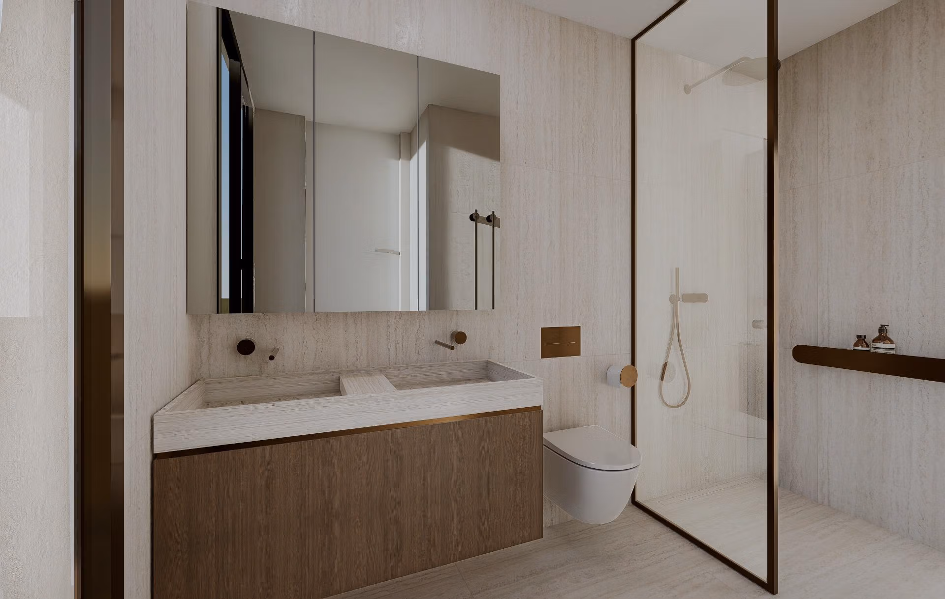 Modern bathroom with large mirror, wooden vanity, and glass-enclosed shower in luxury villa at Las Colinas Golf Resort.