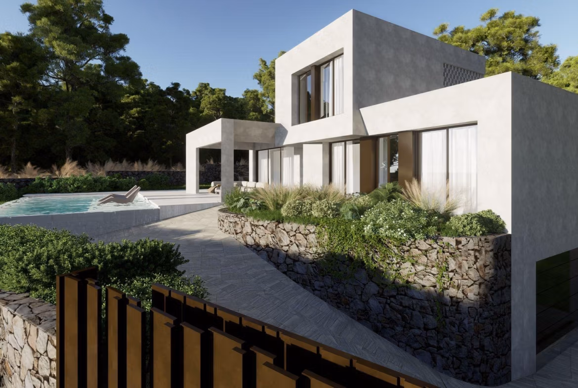 Modern luxury villa exterior with private pool, stone landscaping, and greenery in Las Colinas Golf Resort.
