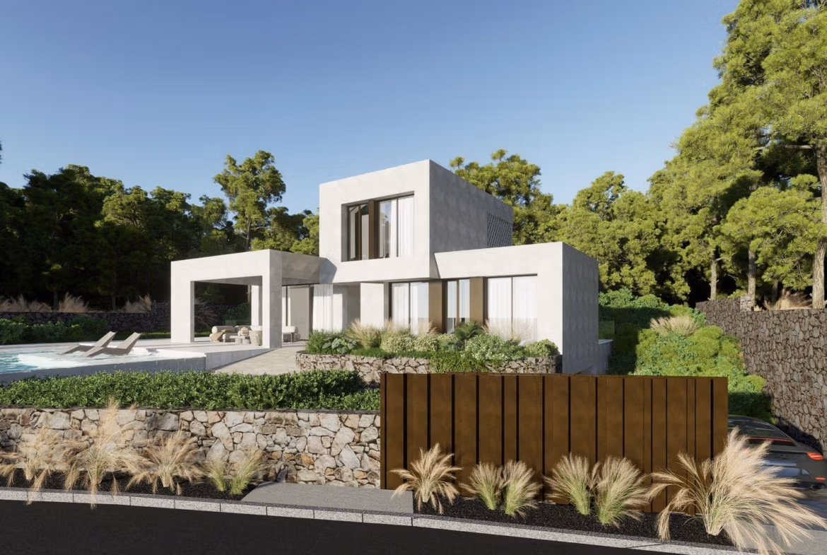 Modern luxury villa with private pool, terrace, and garden surrounded by greenery in Las Colinas Golf Resort.