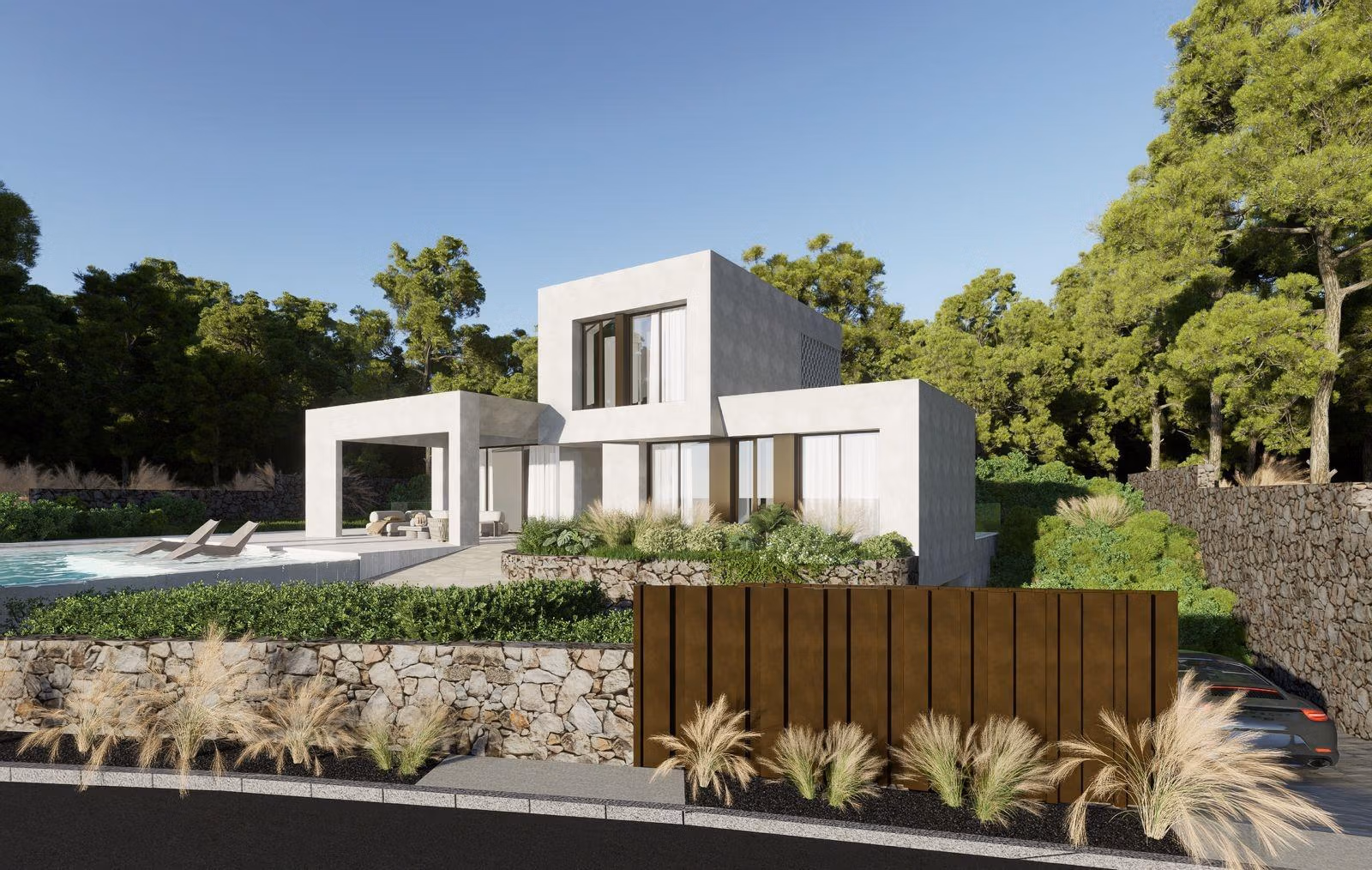 Modern luxury villa with private pool, terrace, and garden surrounded by greenery in Las Colinas Golf Resort.