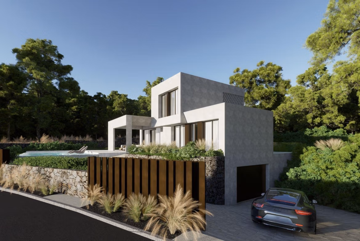 Modern luxury villa with private pool and garage surrounded by greenery at Las Colinas Golf Resort