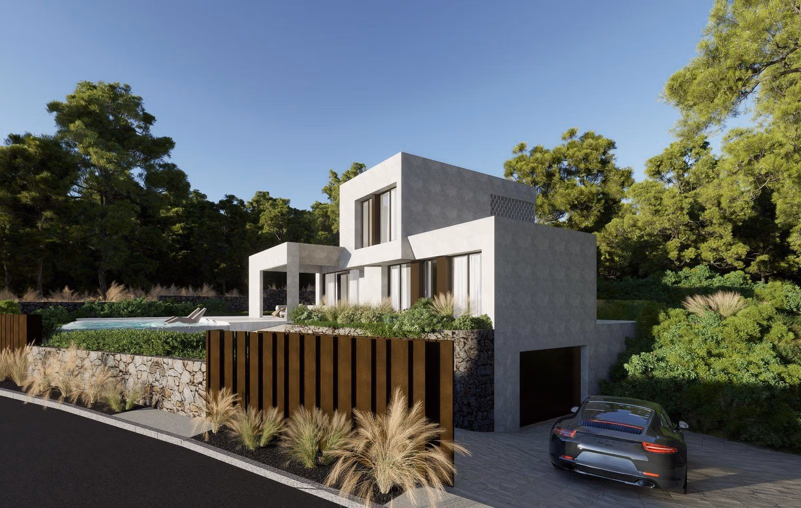 Modern luxury villa with private pool and garage surrounded by greenery at Las Colinas Golf Resort