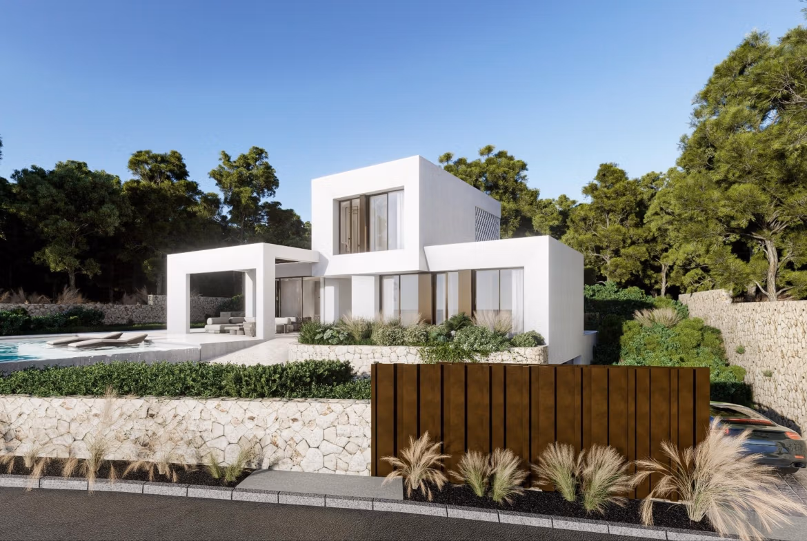 Modern luxury villa with private pool, white exterior, and terrace surrounded by trees in Las Colinas Golf Resort.