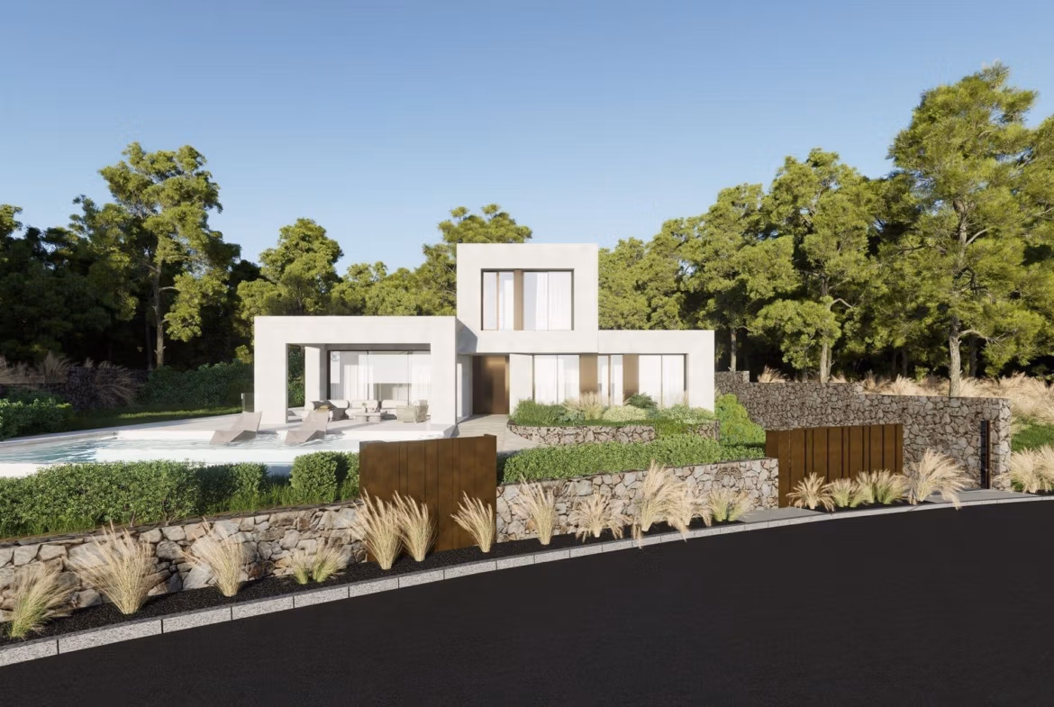 Modern luxury villa with private pool and garden exterior in Las Colinas Golf Resort surrounded by trees and stone walls.