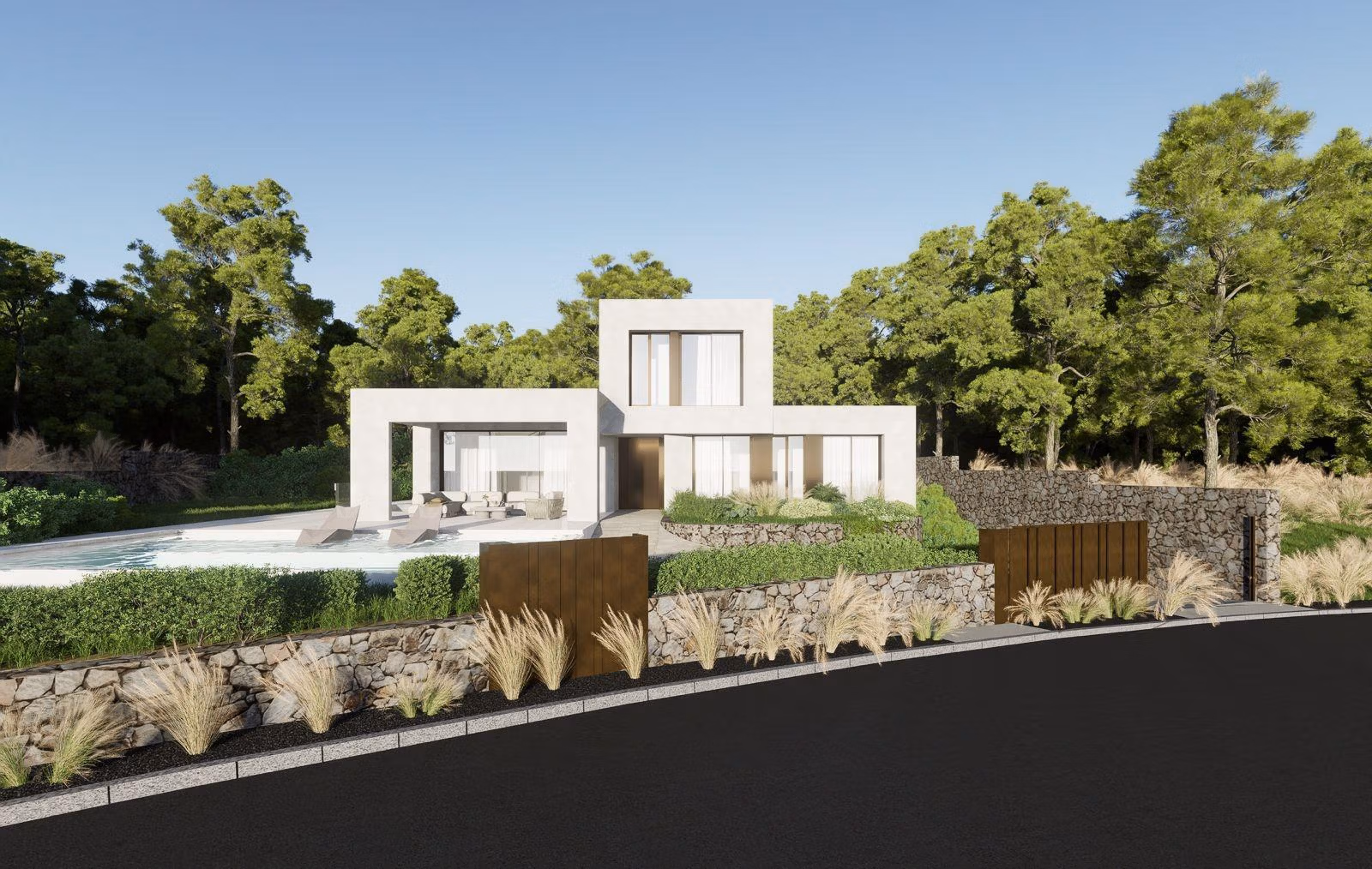 Modern luxury villa with private pool and garden exterior in Las Colinas Golf Resort surrounded by trees and stone walls.
