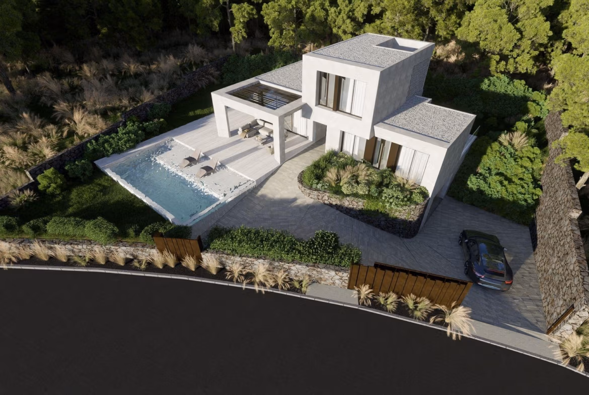 Modern luxury villa with private pool, outdoor seating, and driveway in lush Las Colinas Golf Resort surroundings.