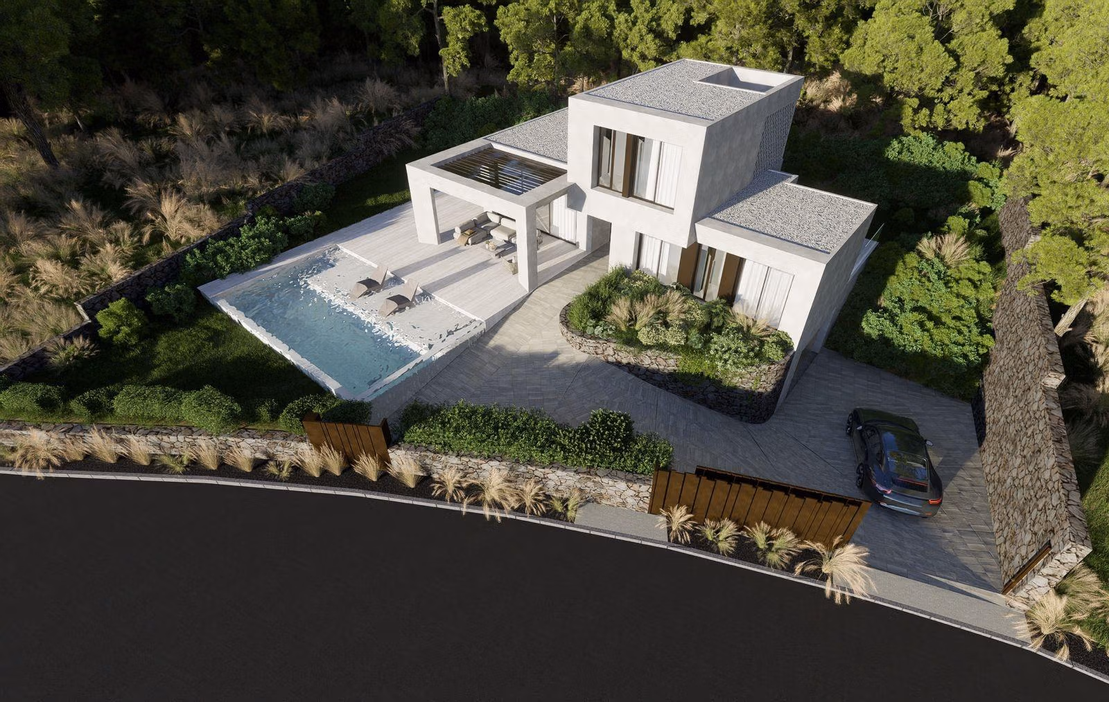 Modern luxury villa with private pool, outdoor seating, and driveway in lush Las Colinas Golf Resort surroundings.