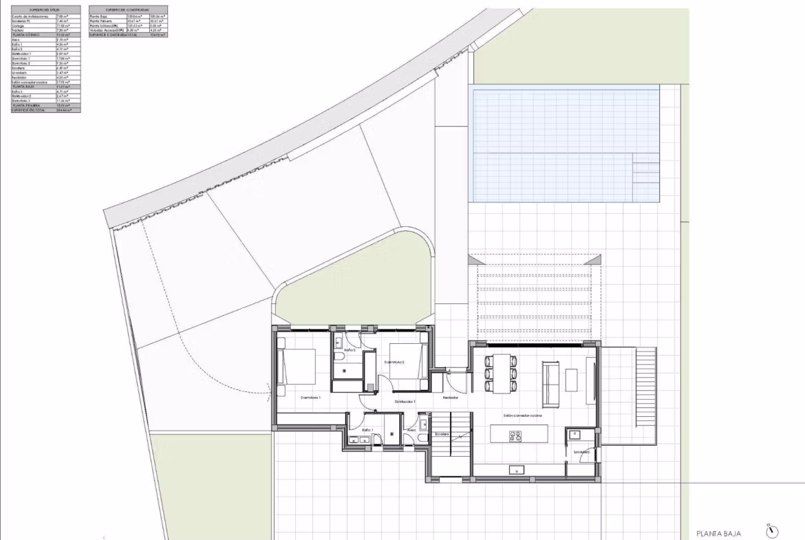Floor plan of a luxury villa in Las Colinas Golf Resort showing two bedrooms, living area, kitchen, and private pool layout.