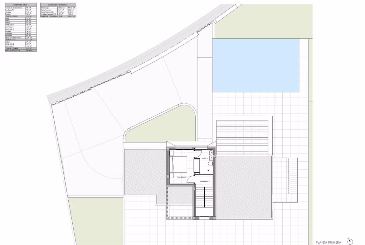 First floor layout of a luxury villa with private pool and terrace in Las Colinas Golf Resort showing bedrooms and bathroom arrangement.