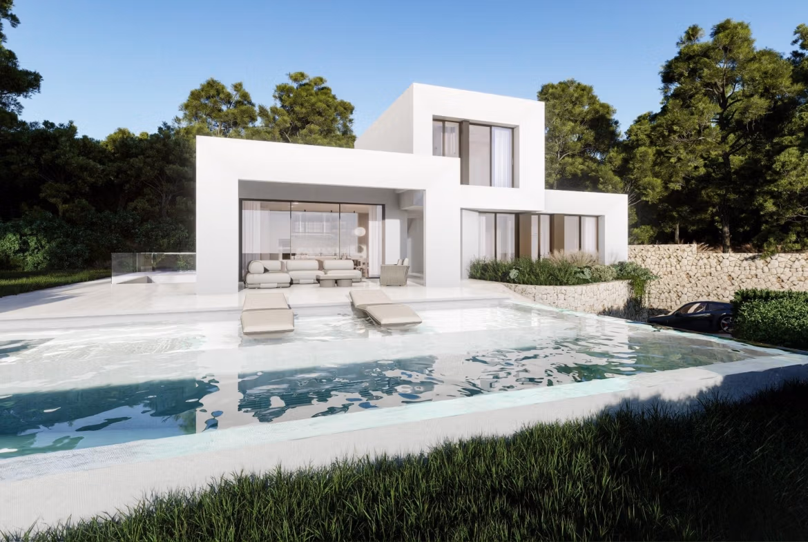 Modern luxury villa with private pool and sun loungers, surrounded by greenery in Las Colinas Golf Resort