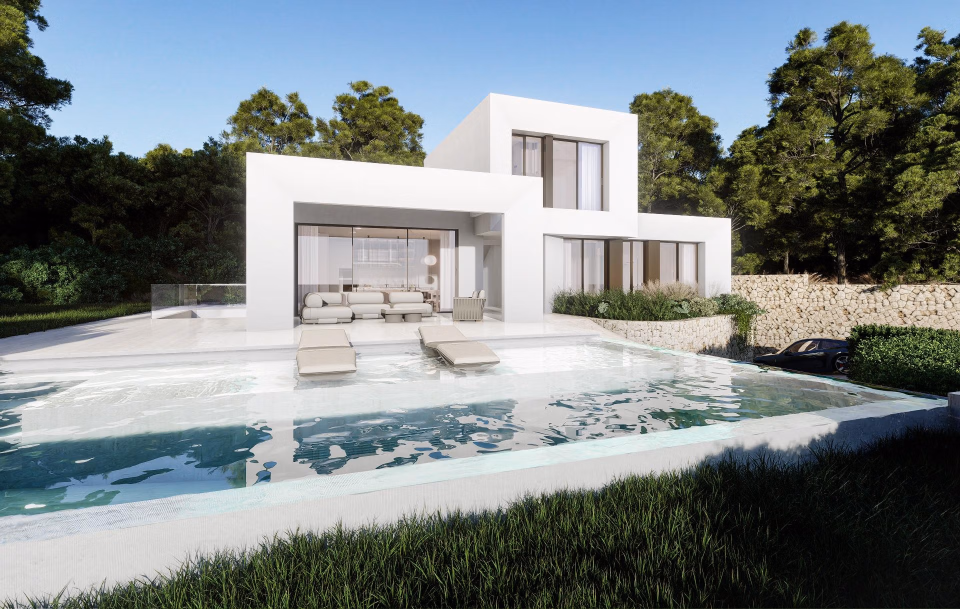 Modern luxury villa with private pool and sun loungers, surrounded by greenery in Las Colinas Golf Resort