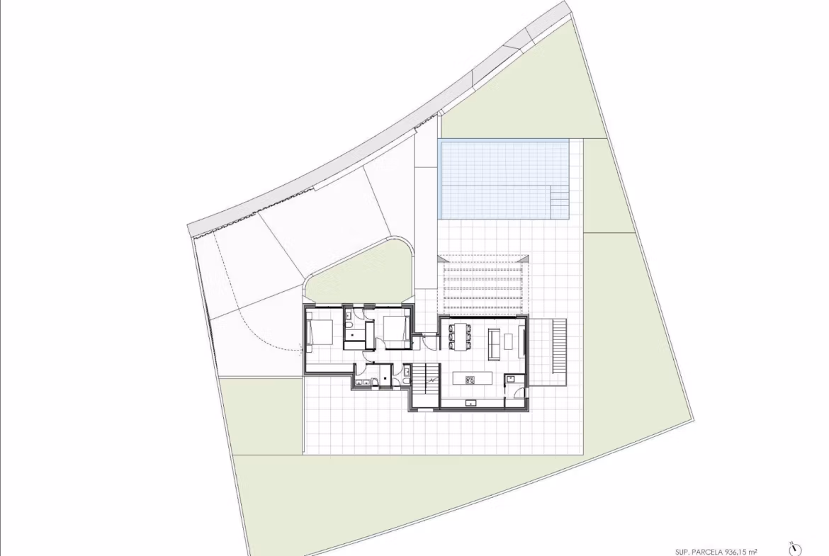 Floor plan of luxury villa with private pool and outdoor terrace in Las Colinas Golf Resort showing interior layout and garden area.