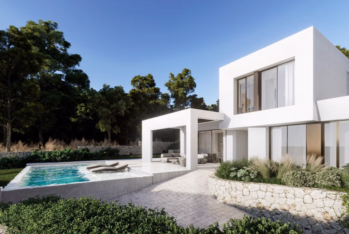Modern luxury villa exterior with private pool and lounge area surrounded by greenery in Las Colinas Golf Resort.