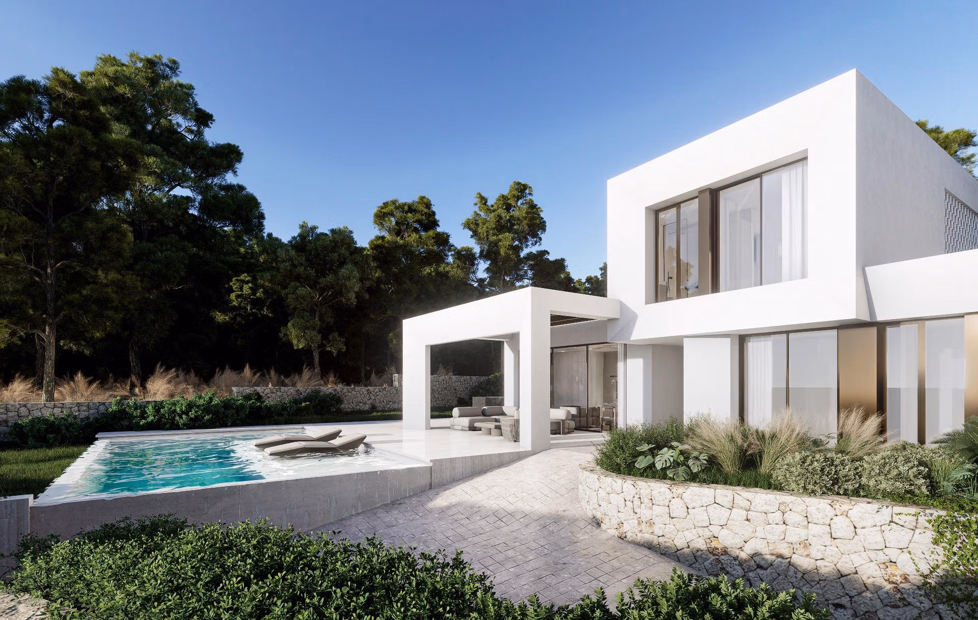Modern luxury villa exterior with private pool and lounge area surrounded by greenery in Las Colinas Golf Resort.